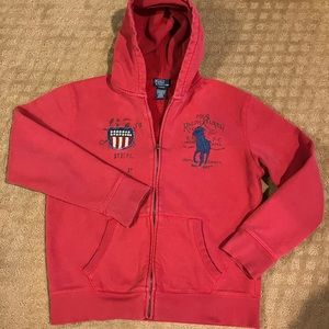 Polo Ralph Lauren Full Zip Hoodie Boys Sz L 14-16 Red Big Pony USA Crest Logo